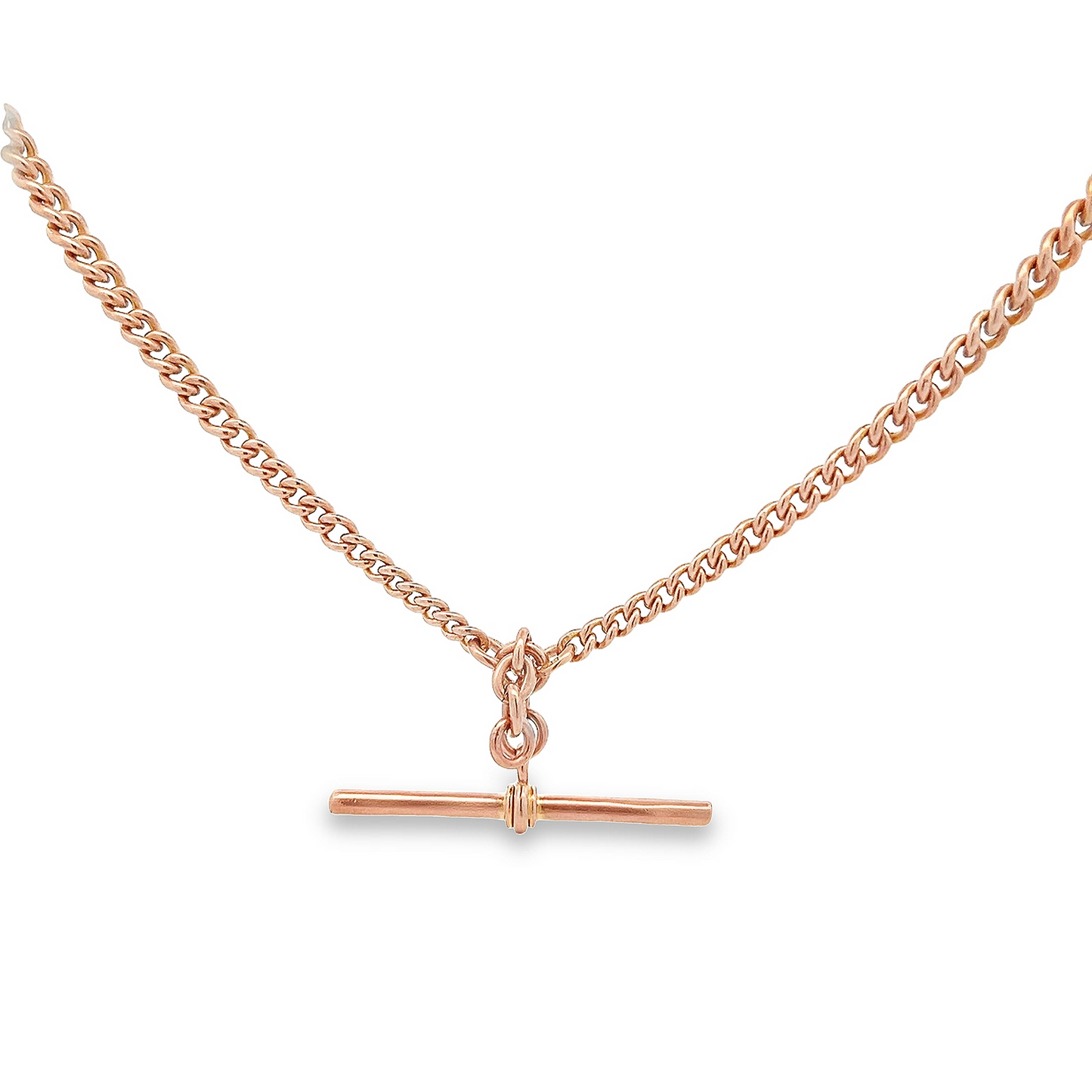 Antique Art Deco 9ct Rose Gold Graduated Curb Link Double Albert Watch Chain with T-Bar