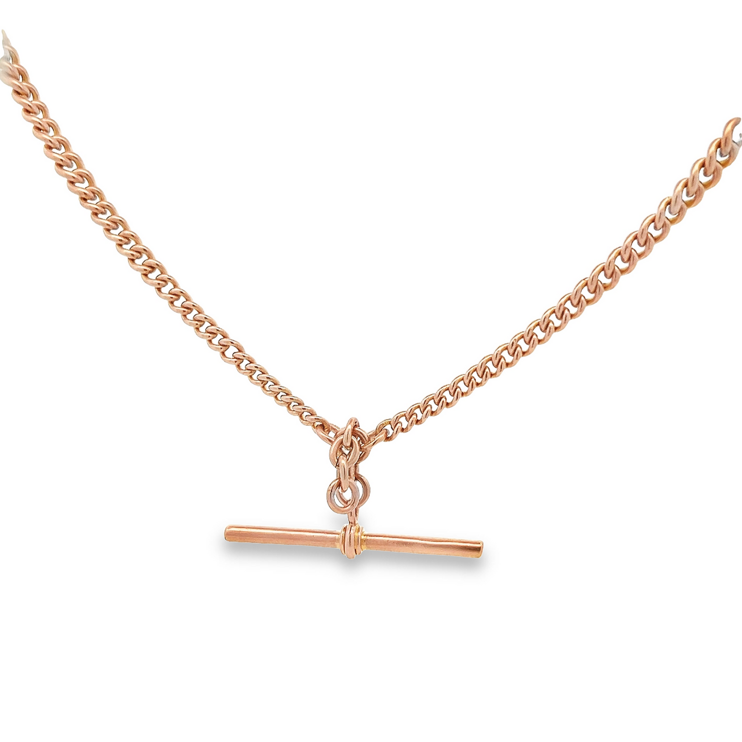 Antique Art Deco 9ct Rose Gold Graduated Curb Link Double Albert Watch Chain with T-Bar