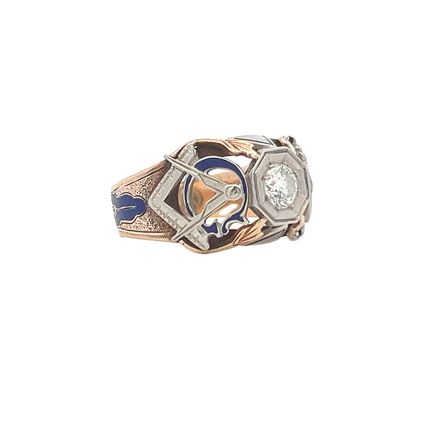 Vintage Diamond Set 10ct Gold Enamelled Masonic Ring