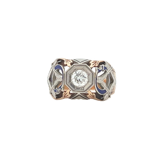 Vintage Diamond Set 10ct Gold Enamelled Masonic Ring