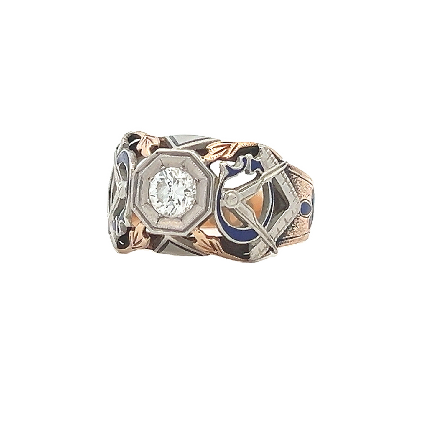 Vintage Diamond Set 10ct Gold Enamelled Masonic Ring