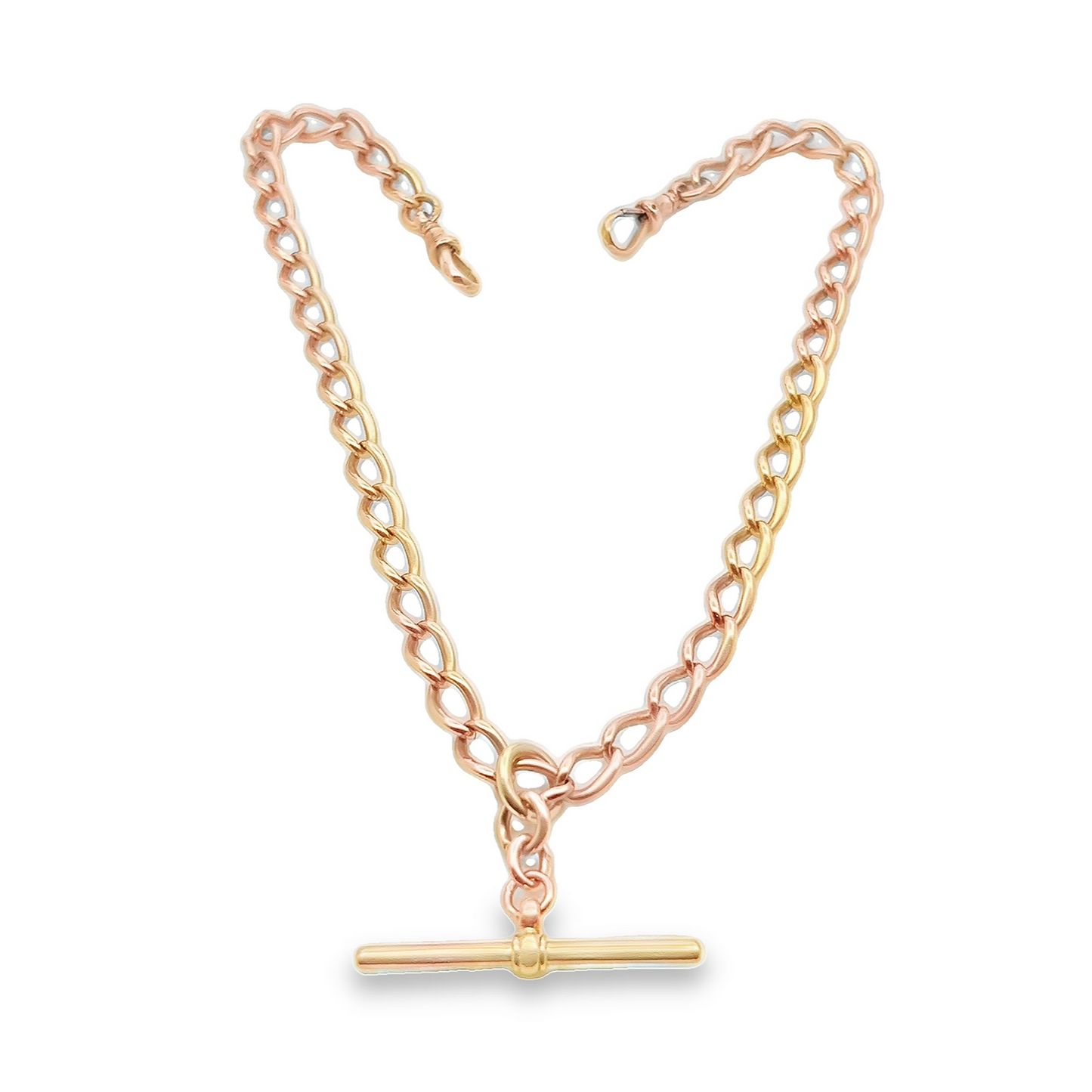 Antique Victorian Solid Open Curb Link 9ct Rose Gold Albert Watch Chain with T-Bar