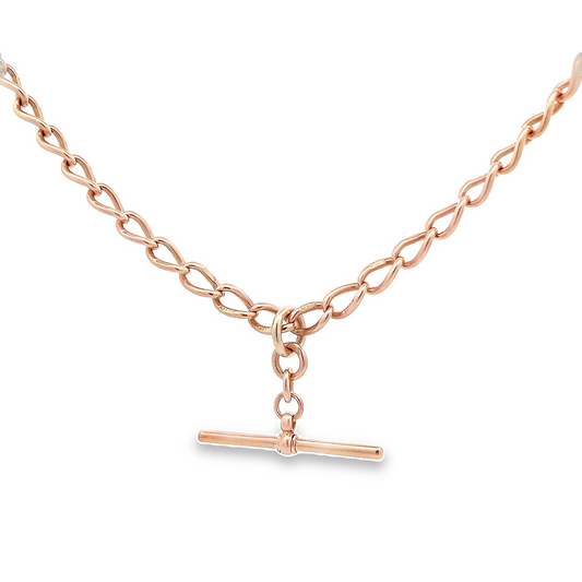 Antique Victorian Solid Open Curb Link 9ct Rose Gold Albert Watch Chain with T-Bar