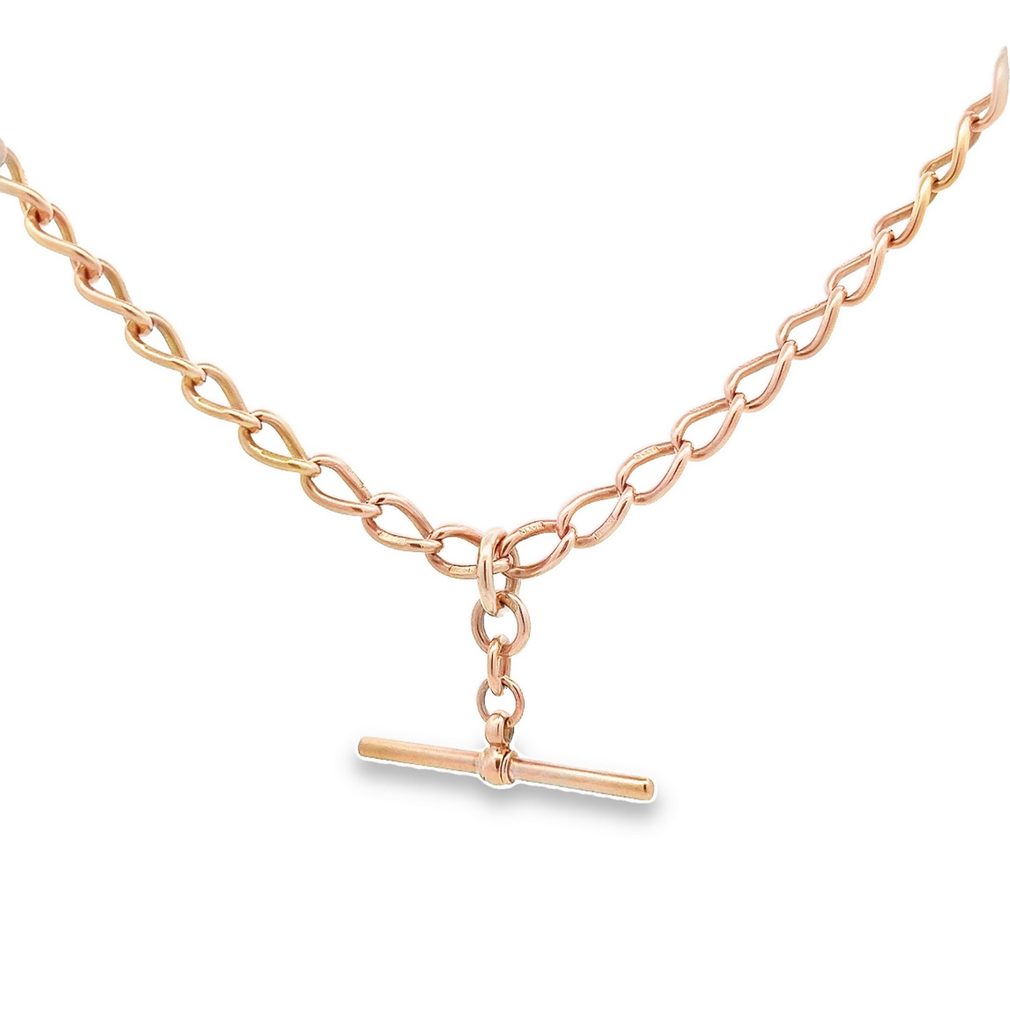 Antique Victorian Solid Open Curb Link 9ct Rose Gold Albert Watch Chain with T-Bar