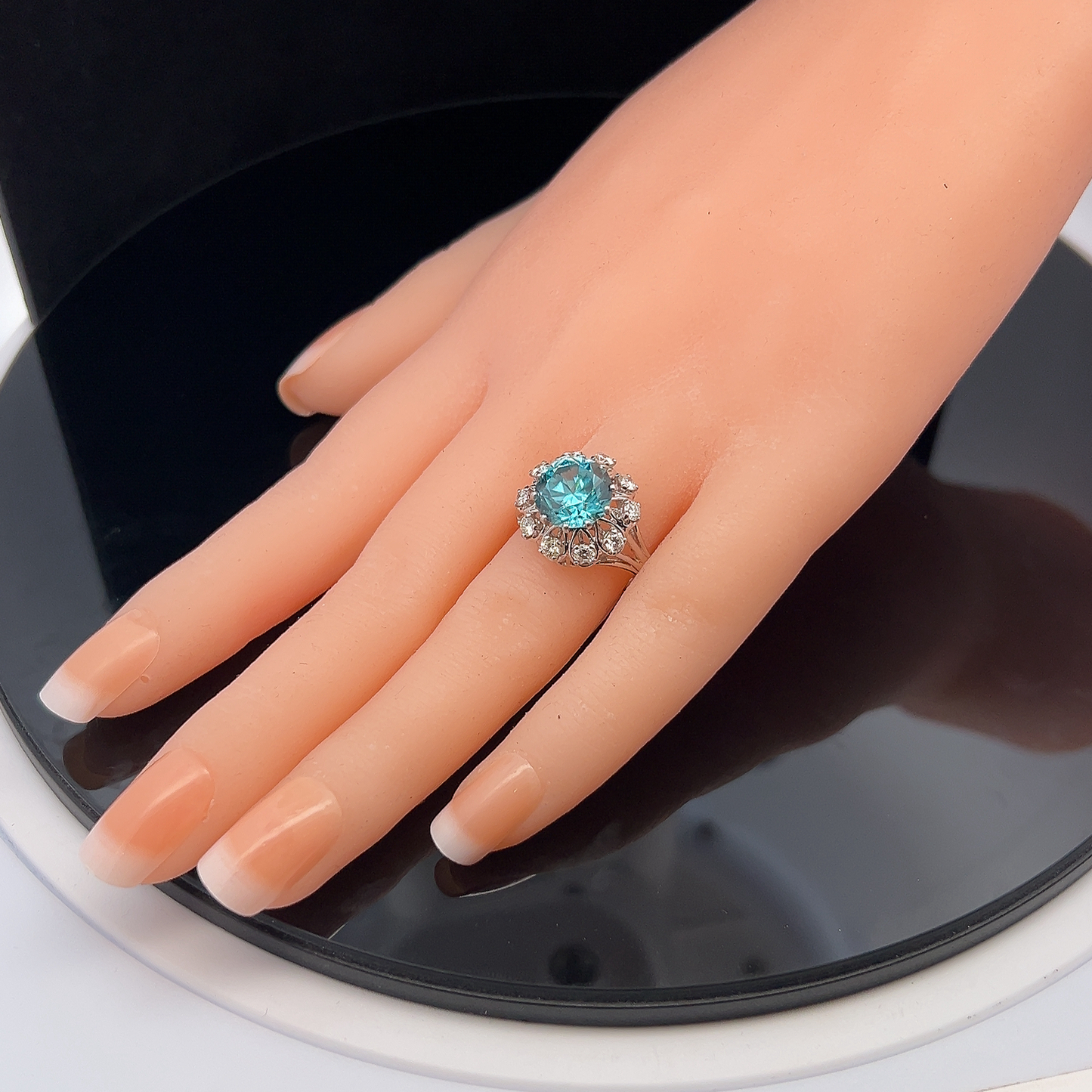 Vintage Blue Zircon and Diamond Platinum Cocktail Ring