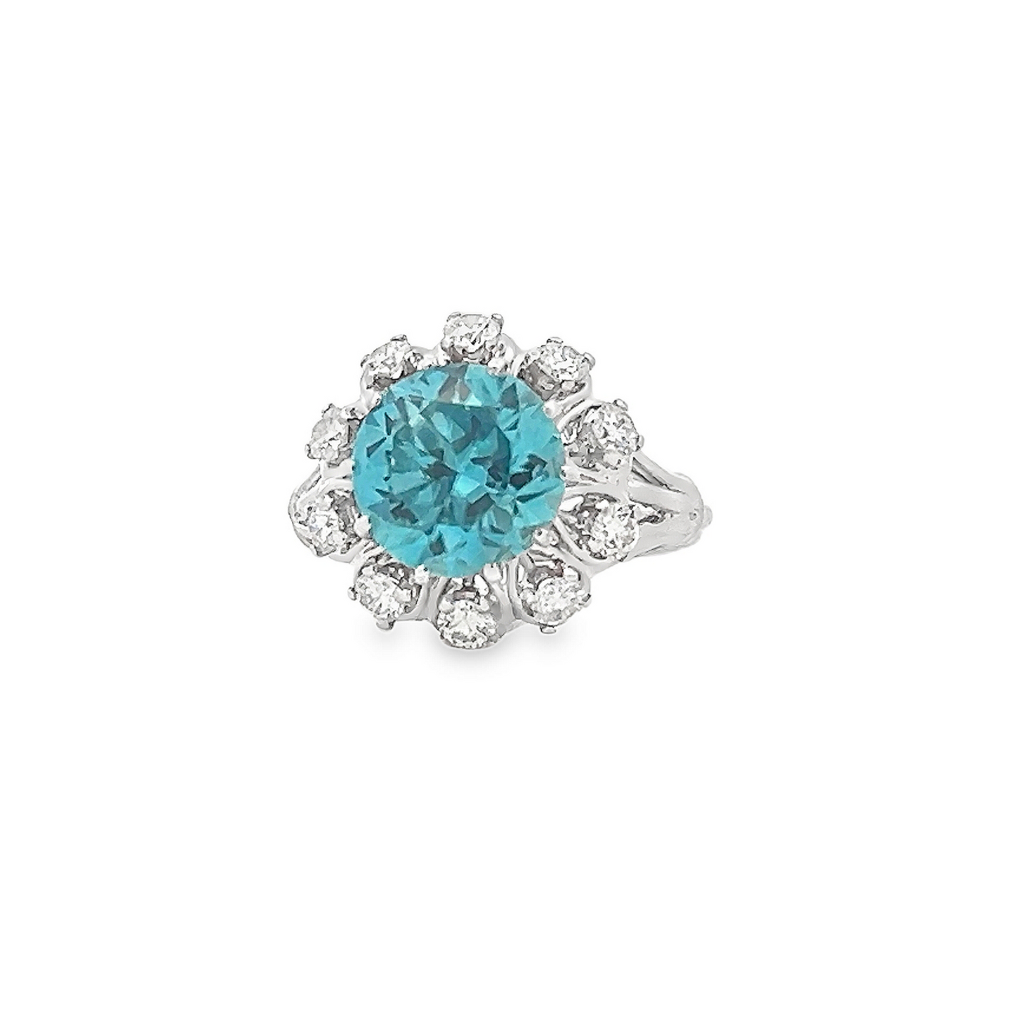 Vintage Blue Zircon and Diamond Platinum Cocktail Ring