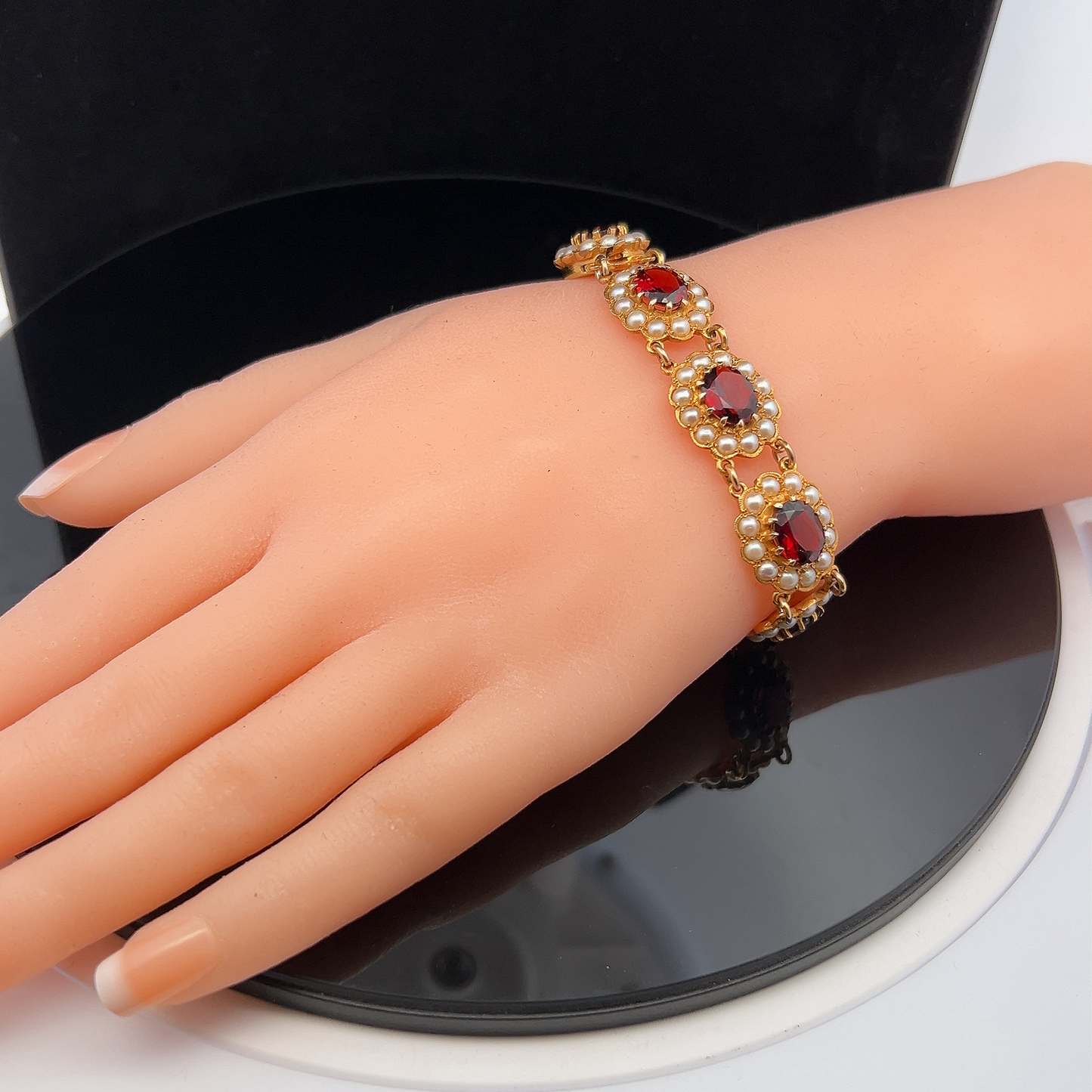 Vintage Georgian Style Garnet and Pearl 9ct Gold Bracelet