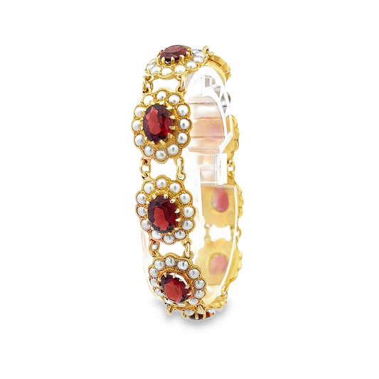 Vintage Georgian Style Garnet and Pearl 9ct Gold Bracelet