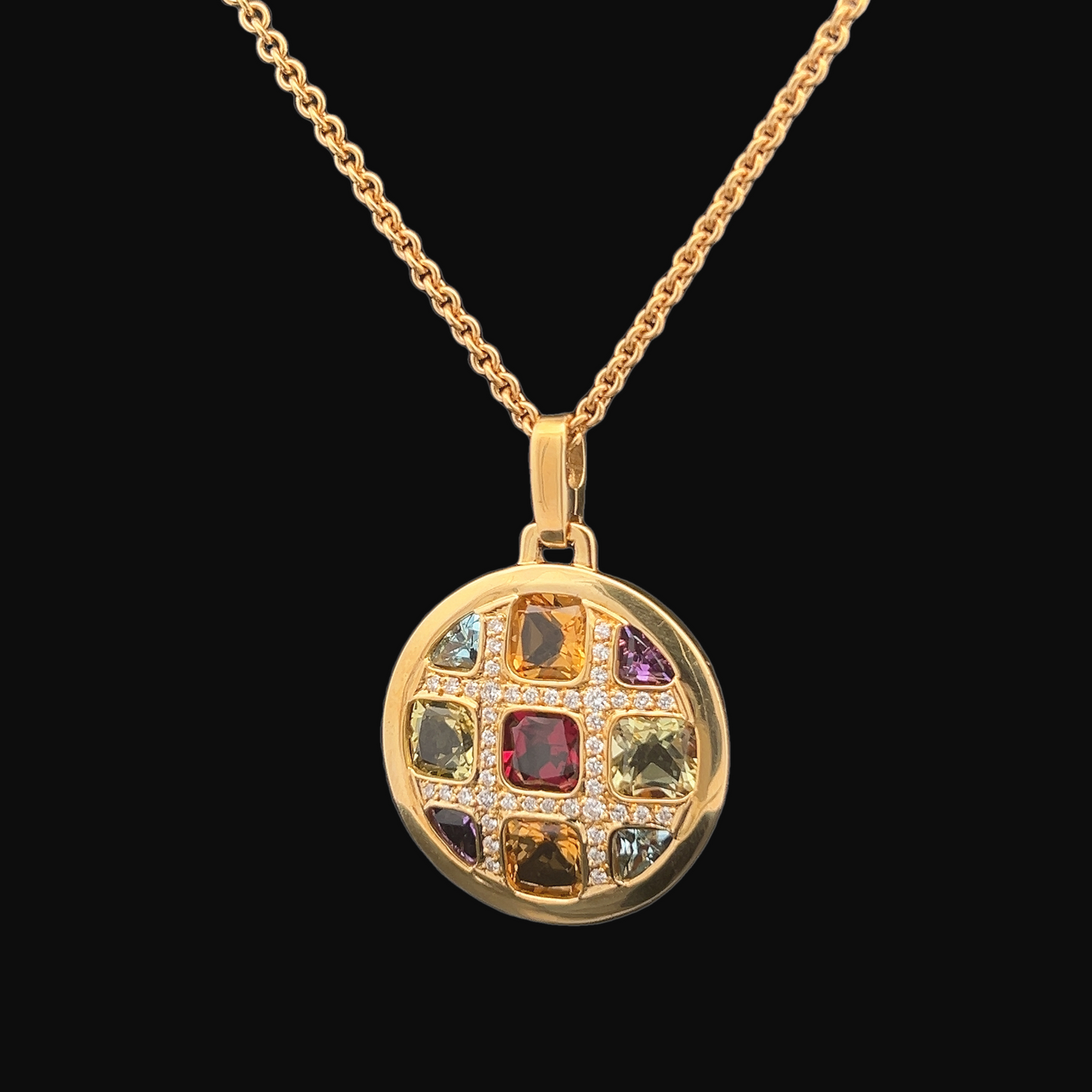 Vintage Multi Gemstone 18ct Gold Cocktail Pendant with 18ct Gold Chain Attached