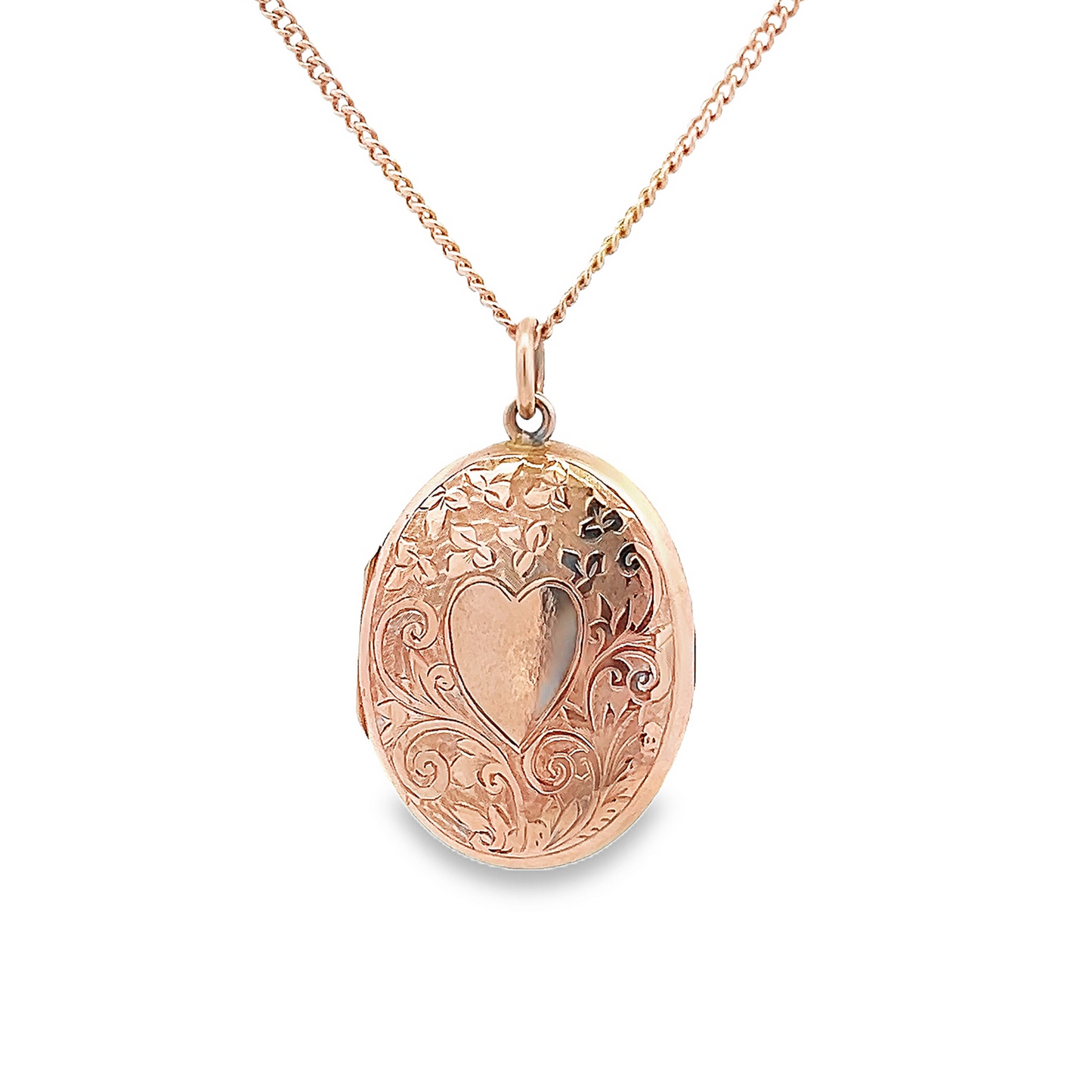 Antique Hand Engraved Floral and Heart Motif 9ct Gold Oval Locket