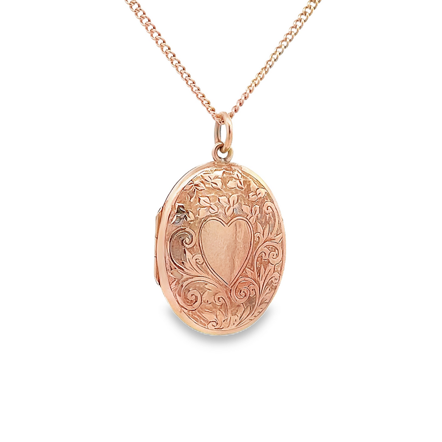Antique Hand Engraved Floral and Heart Motif 9ct Gold Oval Locket