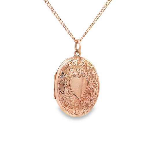 Antique Hand Engraved Floral and Heart Motif 9ct Gold Oval Locket