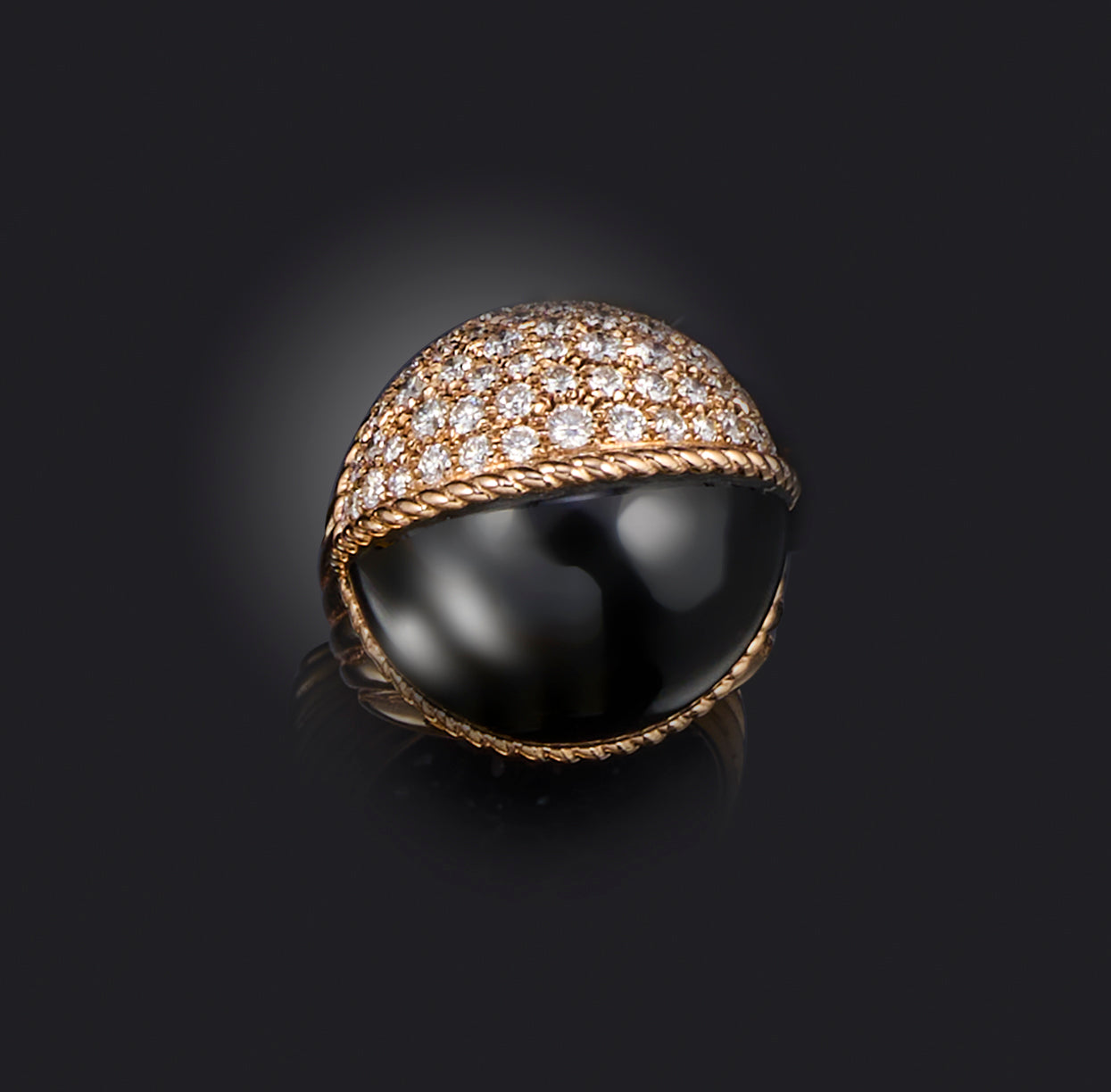 Contemporary Paris Nouvelle Vague Black Jade and Diamond 18ct Rose Gold Bombe Cocktail Ring