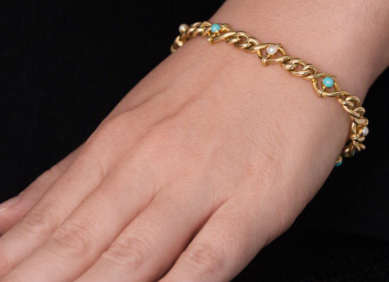 Antique 15ct Gold, Turquoise and Natural Split Pearl Bracelet. Original Fitted Box. Mappin & Webb