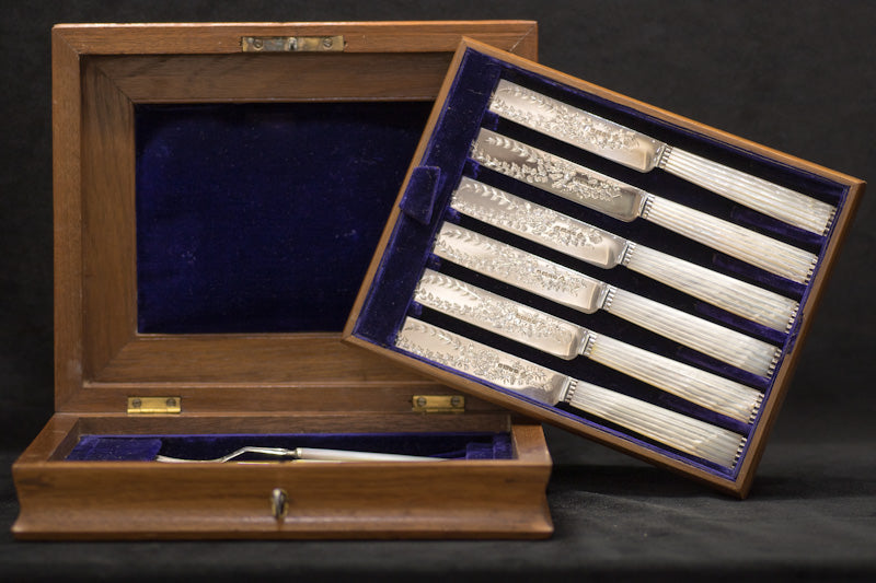 Superb Antique Solid Silver Mother of Pearl Fruit Set. Sheffield 1880 Richard Martin & Ebenezer Hall. Boxed.