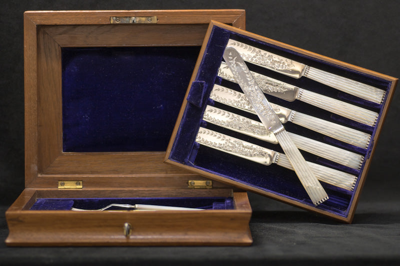Superb Antique Solid Silver Mother of Pearl Fruit Set. Sheffield 1880 Richard Martin & Ebenezer Hall. Boxed.