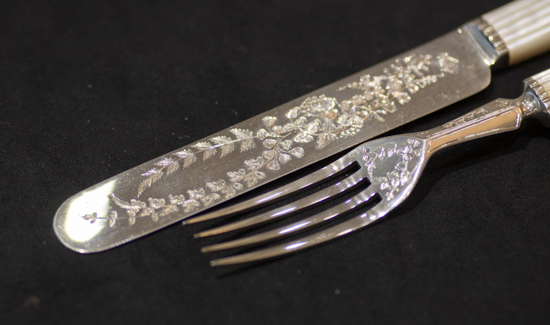 Superb Antique Solid Silver Mother of Pearl Fruit Set. Sheffield 1880 Richard Martin & Ebenezer Hall. Boxed.