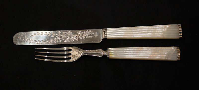 Superb Antique Solid Silver Mother of Pearl Fruit Set. Sheffield 1880 Richard Martin & Ebenezer Hall. Boxed.