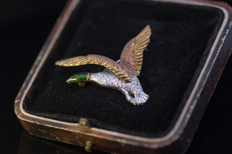 Antique 9ct, Platinum and Enamel Duck Brooch Tri-colour Birmingham 1923