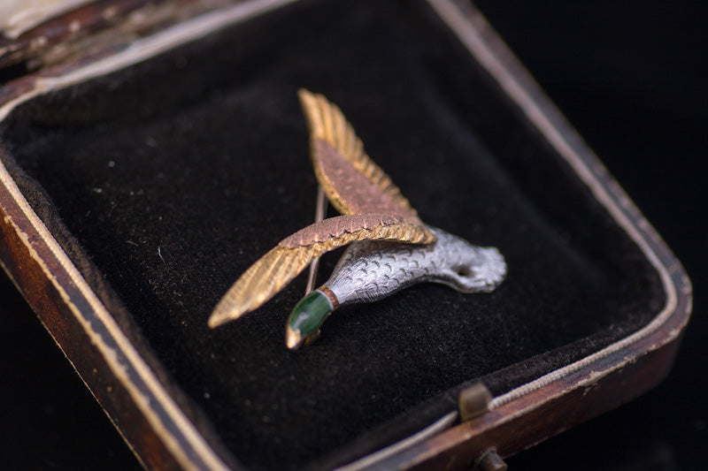 Antique 9ct, Platinum and Enamel Duck Brooch Tri-colour Birmingham 1923
