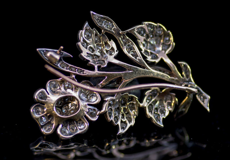 Beautiful Antique Old Mine Cut Diamond Brooch. English  C.1850. Gold back, Silver settings.