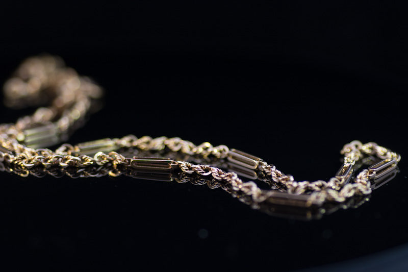 Antique Edwardian Solid 15ct Gold Fancy Trombone / Fetter Link Chain C.1900. 20.5 Inches.
