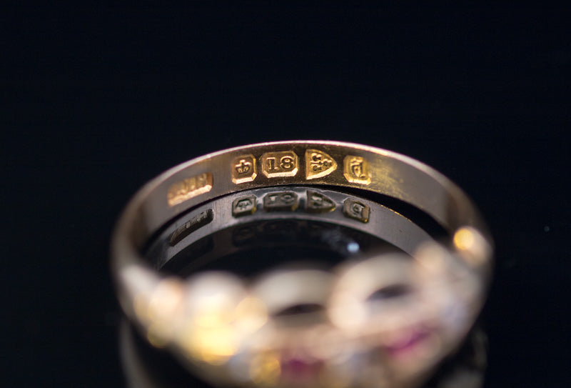 Antique 18ct Gold Diamond & Ruby 5 Stone Ring. Crisp Example. Hallmarked Chester 1926