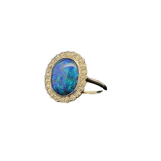 Antique Black Opal and Diamond Platinum Cluster Ring
