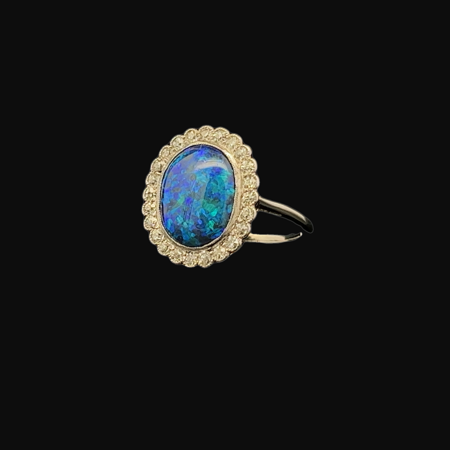 Antique Black Opal and Diamond Platinum Cluster Ring