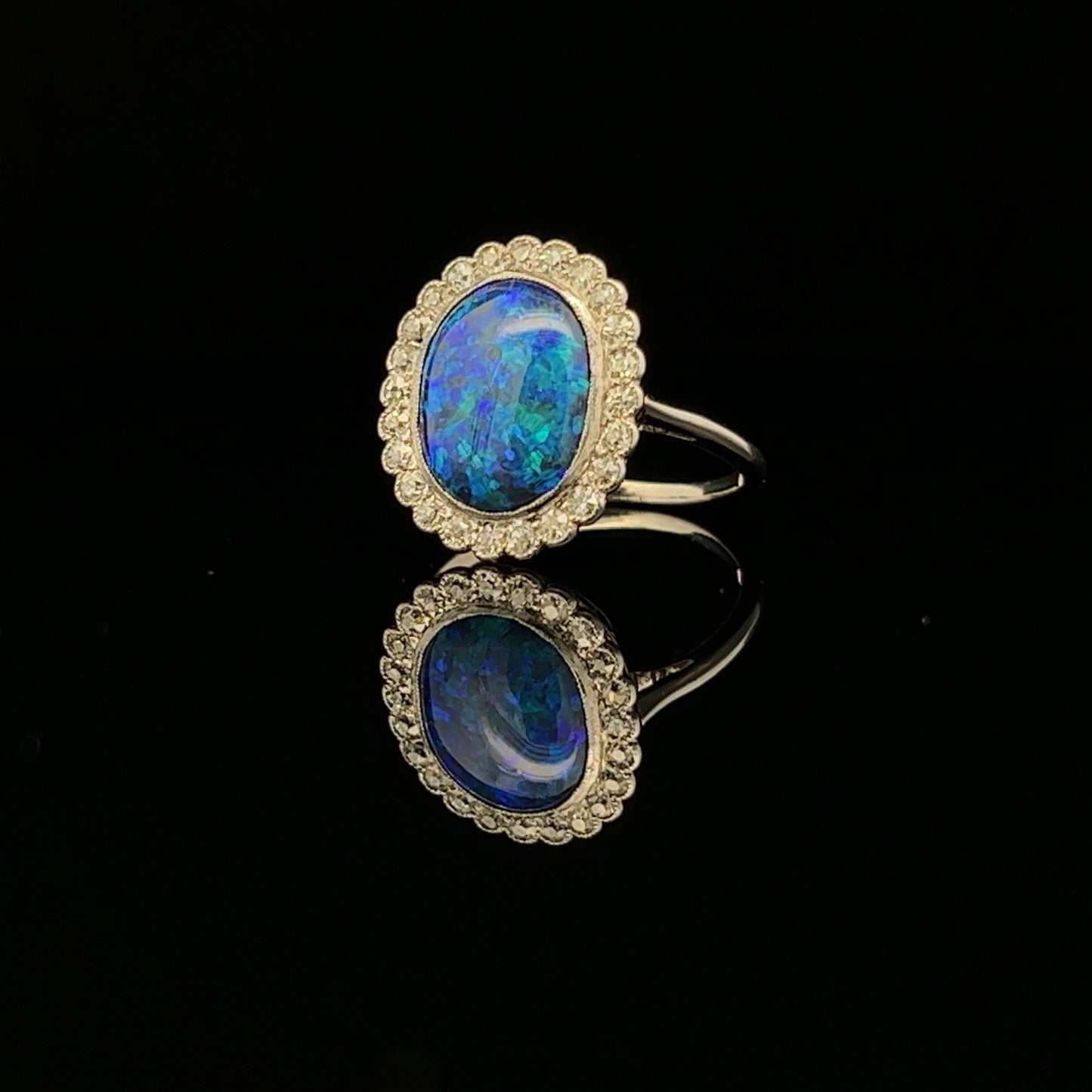 Antique Black Opal and Diamond Platinum Cluster Ring