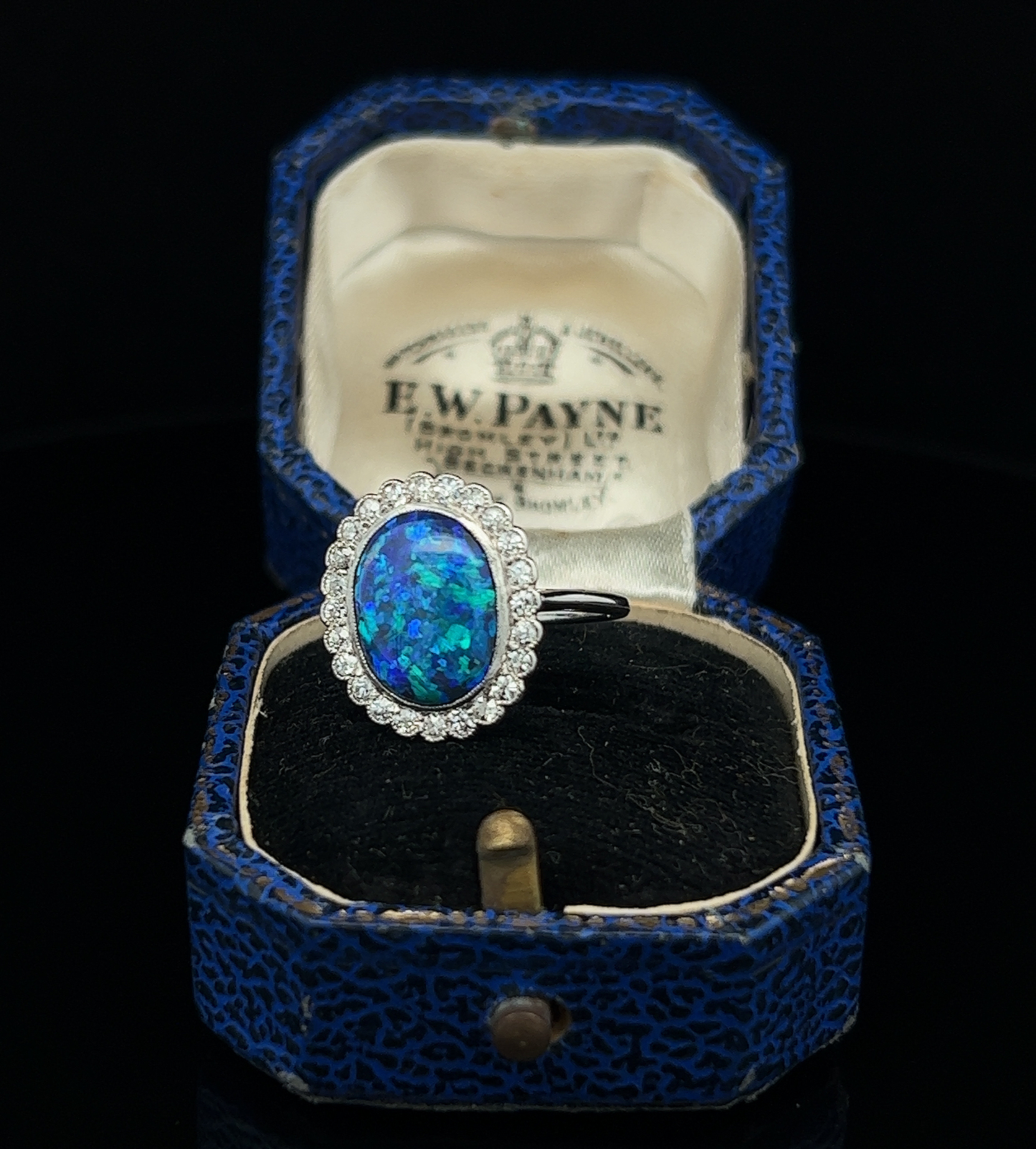 Antique Black Opal and Diamond Platinum Cluster Ring