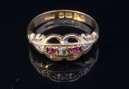 Antique 18ct Gold Diamond & Ruby 5 Stone Ring. Crisp Example. Hallmarked Chester 1926