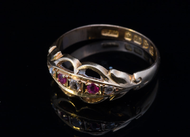 Antique 18ct Gold Diamond & Ruby 5 Stone Ring. Crisp Example. Hallmarked Chester 1926
