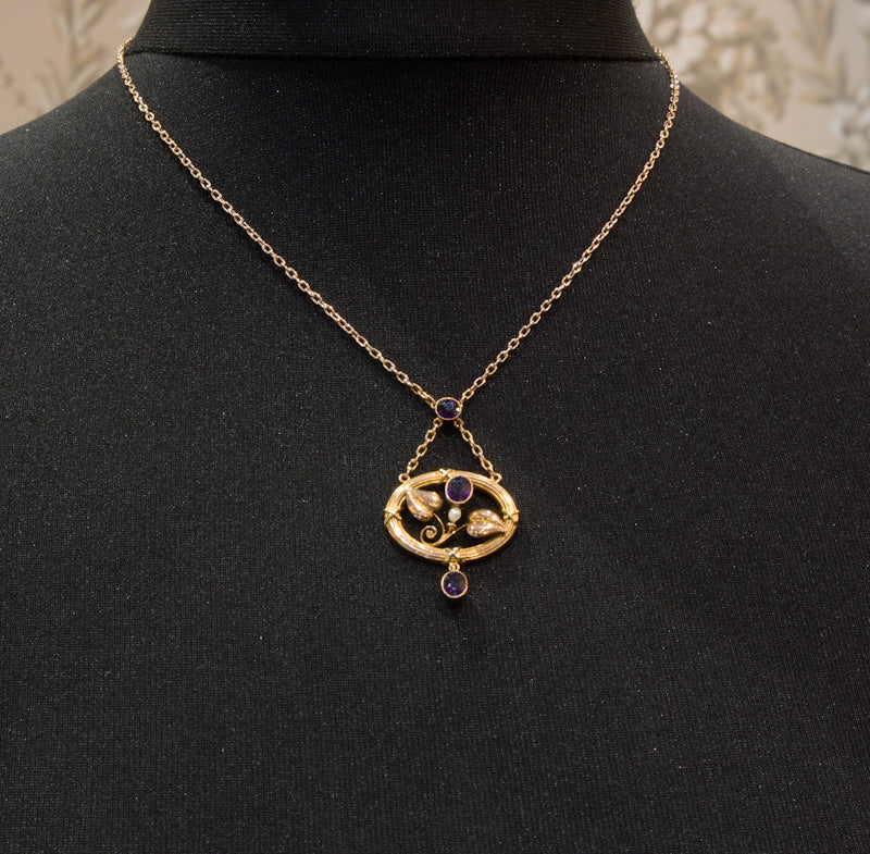 Very Attractive Antique Art Nouveau Amethyst & Natural Split Pearl Pendant. 9ct Gold. C.1910