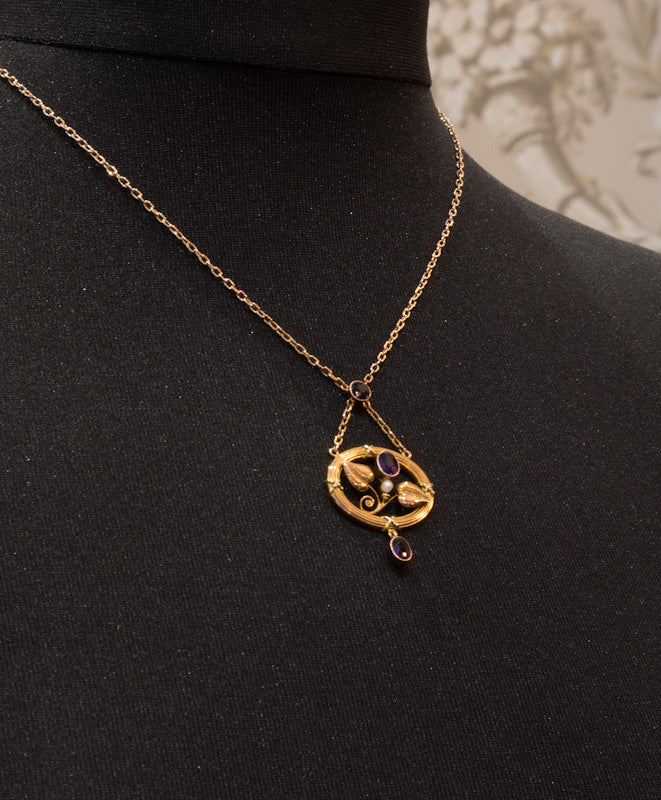 Very Attractive Antique Art Nouveau Amethyst & Natural Split Pearl Pendant. 9ct Gold. C.1910