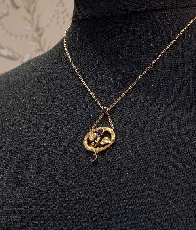 Very Attractive Antique Art Nouveau Amethyst & Natural Split Pearl Pendant. 9ct Gold. C.1910