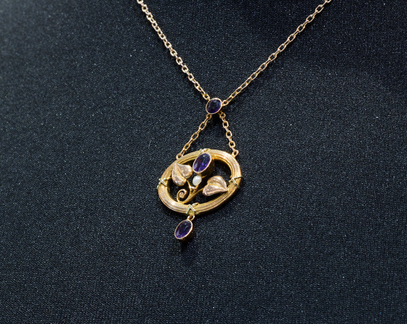 Very Attractive Antique Art Nouveau Amethyst & Natural Split Pearl Pendant. 9ct Gold. C.1910