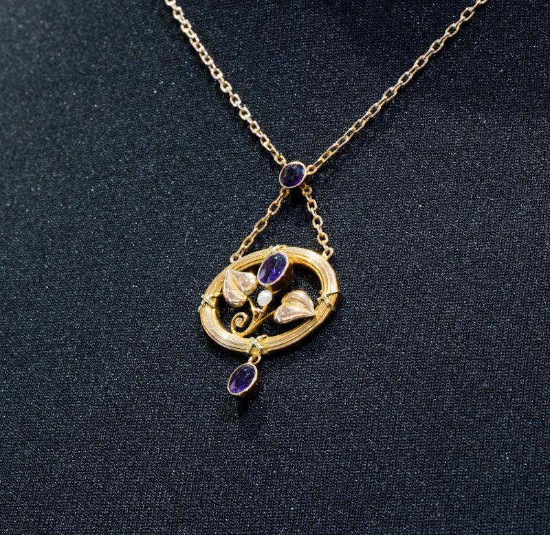 Very Attractive Antique Art Nouveau Amethyst & Natural Split Pearl Pendant. 9ct Gold. C.1910