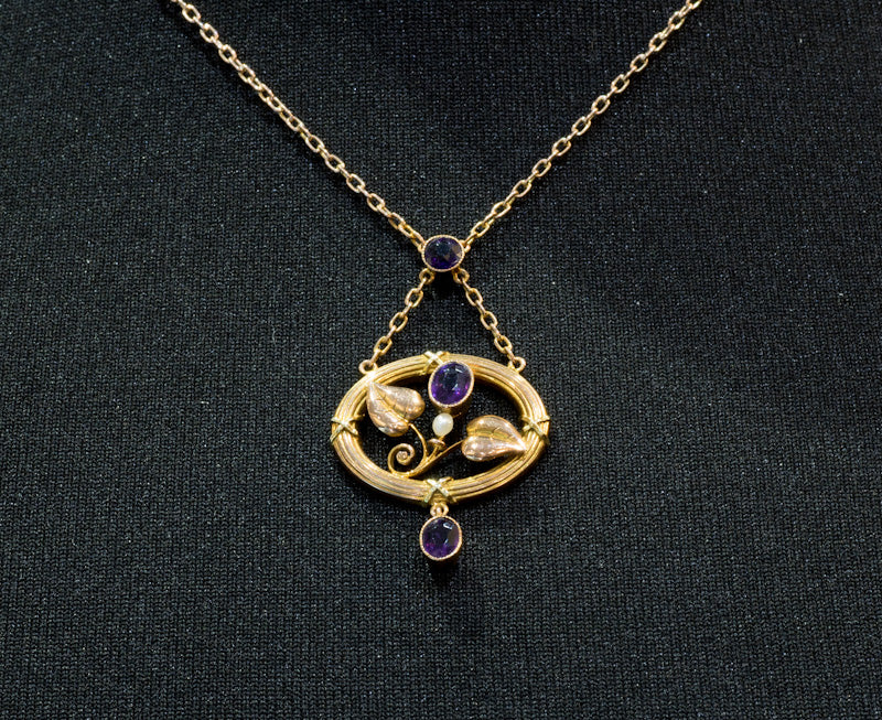 Very Attractive Antique Art Nouveau Amethyst & Natural Split Pearl Pendant. 9ct Gold. C.1910