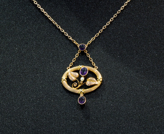 Very Attractive Antique Art Nouveau Amethyst & Natural Split Pearl Pendant. 9ct Gold. C.1910