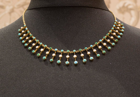 Antique 15ct Gold. Turquoise & Pearl Fringe Necklace. Excellent Condition. English Circa 1900