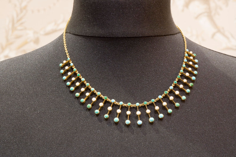 Antique 15ct Gold. Turquoise & Pearl Fringe Necklace. Excellent Condition. English Circa 1900
