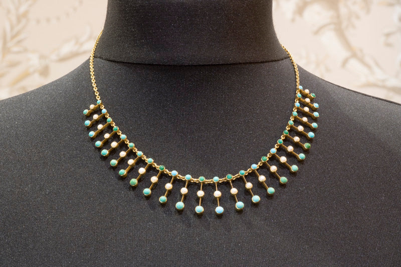 Antique 15ct Gold. Turquoise & Pearl Fringe Necklace. Excellent Condition. English Circa 1900