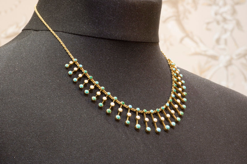 Antique 15ct Gold. Turquoise & Pearl Fringe Necklace. Excellent Condition. English Circa 1900