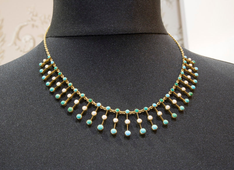 Antique 15ct Gold. Turquoise & Pearl Fringe Necklace. Excellent Condition. English Circa 1900