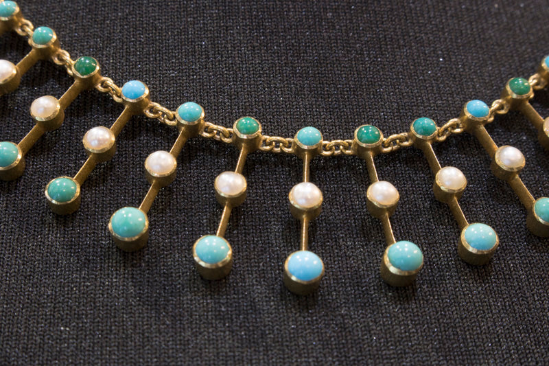 Antique 15ct Gold. Turquoise & Pearl Fringe Necklace. Excellent Condition. English Circa 1900
