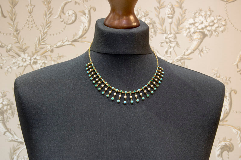 Antique 15ct Gold. Turquoise & Pearl Fringe Necklace. Excellent Condition. English Circa 1900
