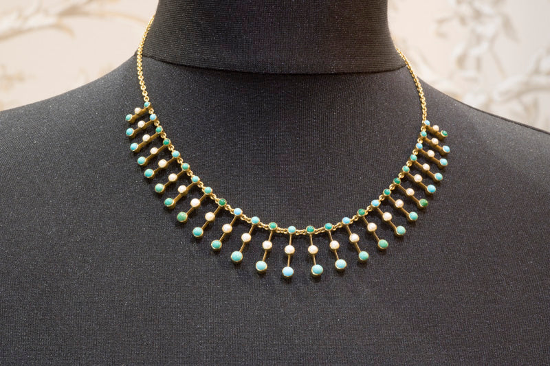 Antique 15ct Gold. Turquoise & Pearl Fringe Necklace. Excellent Condition. English Circa 1900