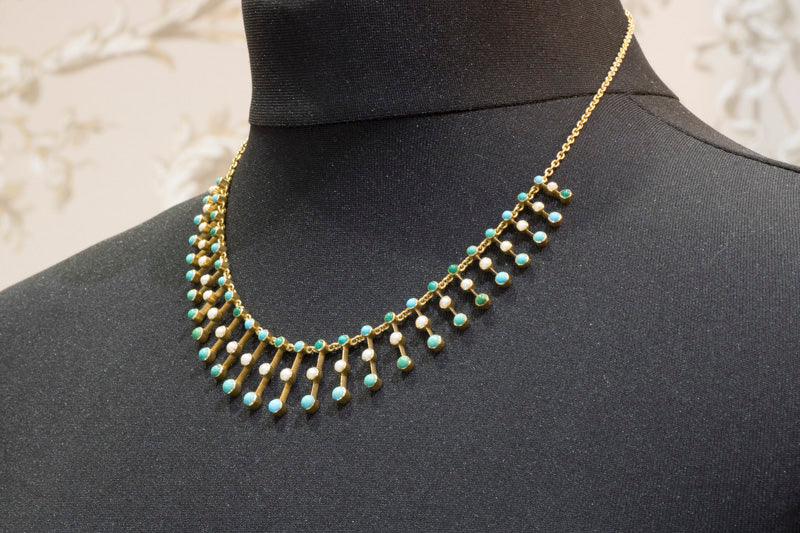 Antique 15ct Gold. Turquoise & Pearl Fringe Necklace. Excellent Condition. English Circa 1900