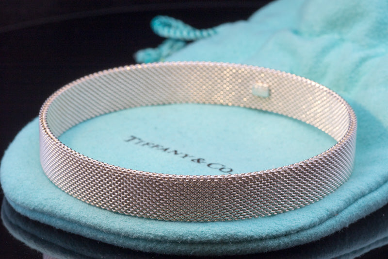 Genuine Tiffany & Co Sterling Silver Somerset Mesh Bangle. With Original Tiffany Pouch.